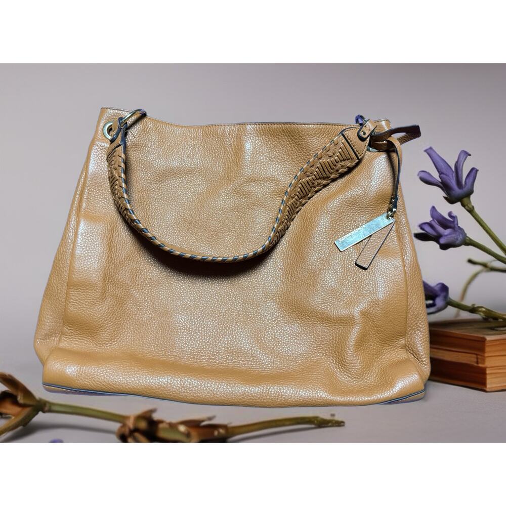 Vince Camuto Leather Tote Bag Whiskey Brown Pebbled Slouchy Shoulder Work Bag